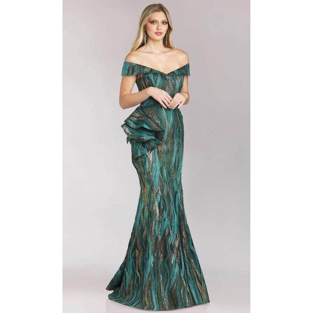 NEW FERIANI ruffled side mermaid dress in teal/gold